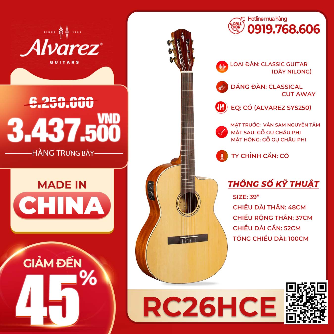 Đàn Guitar Classic ALVAREZ RC26HCE